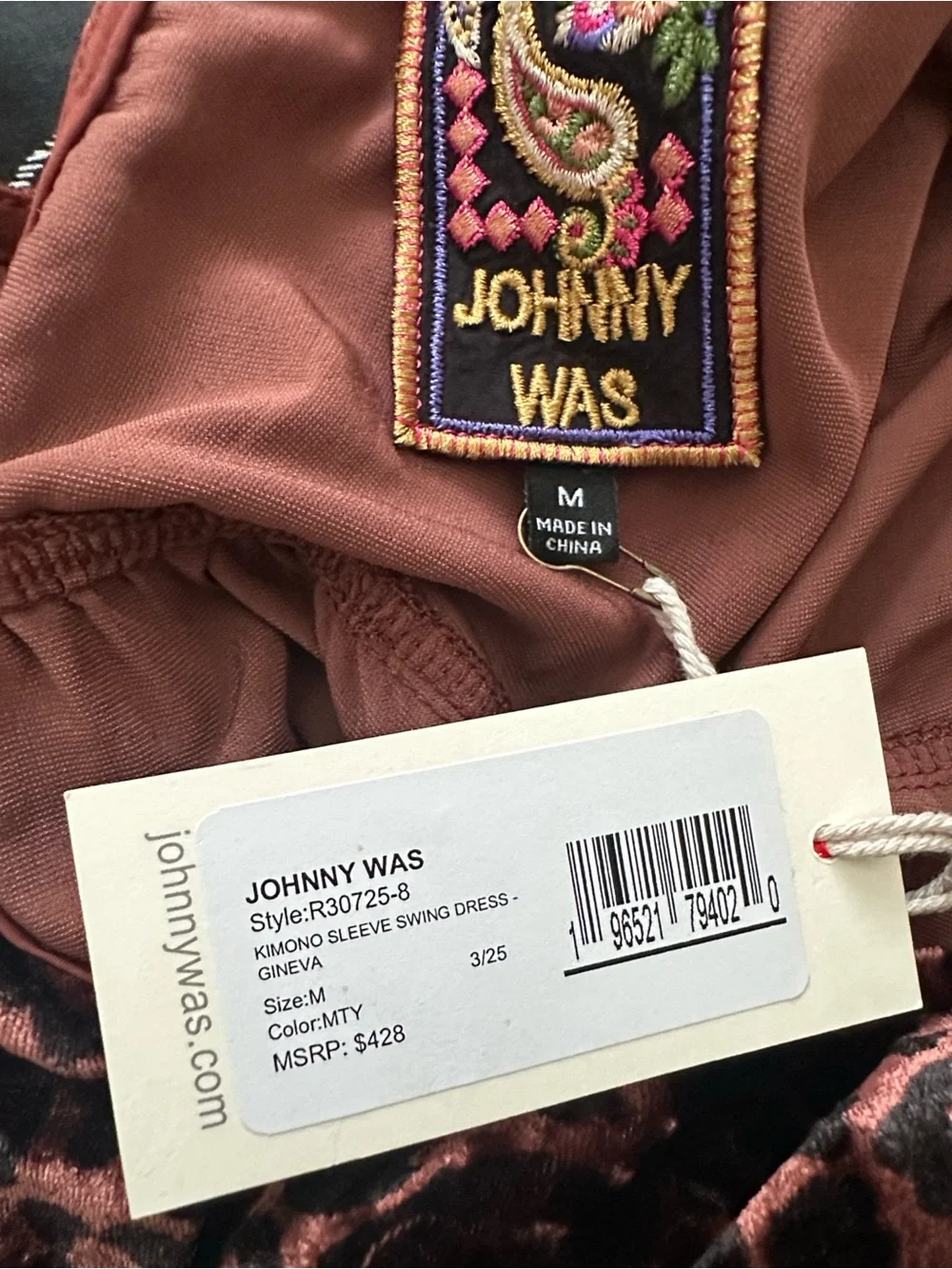Johnny Was GINEVA Kimono Sleeve Embroidered Velvet Shift Leopard Dress Med NEW